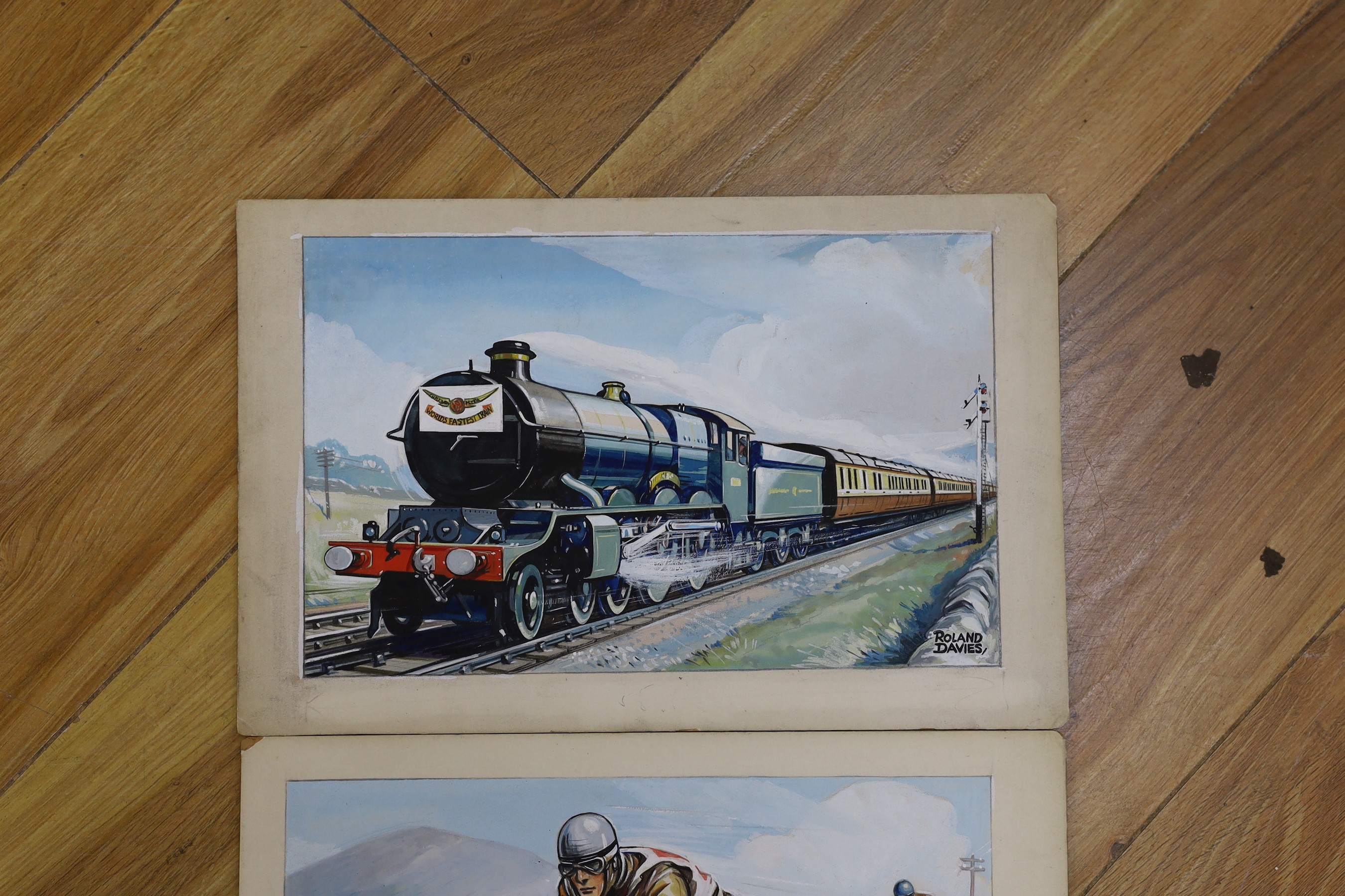 Roland Davies (1904-1993), three gouaches, Vintage transport, 'Legends of Speed', signed, 16 x 26cm, unframed